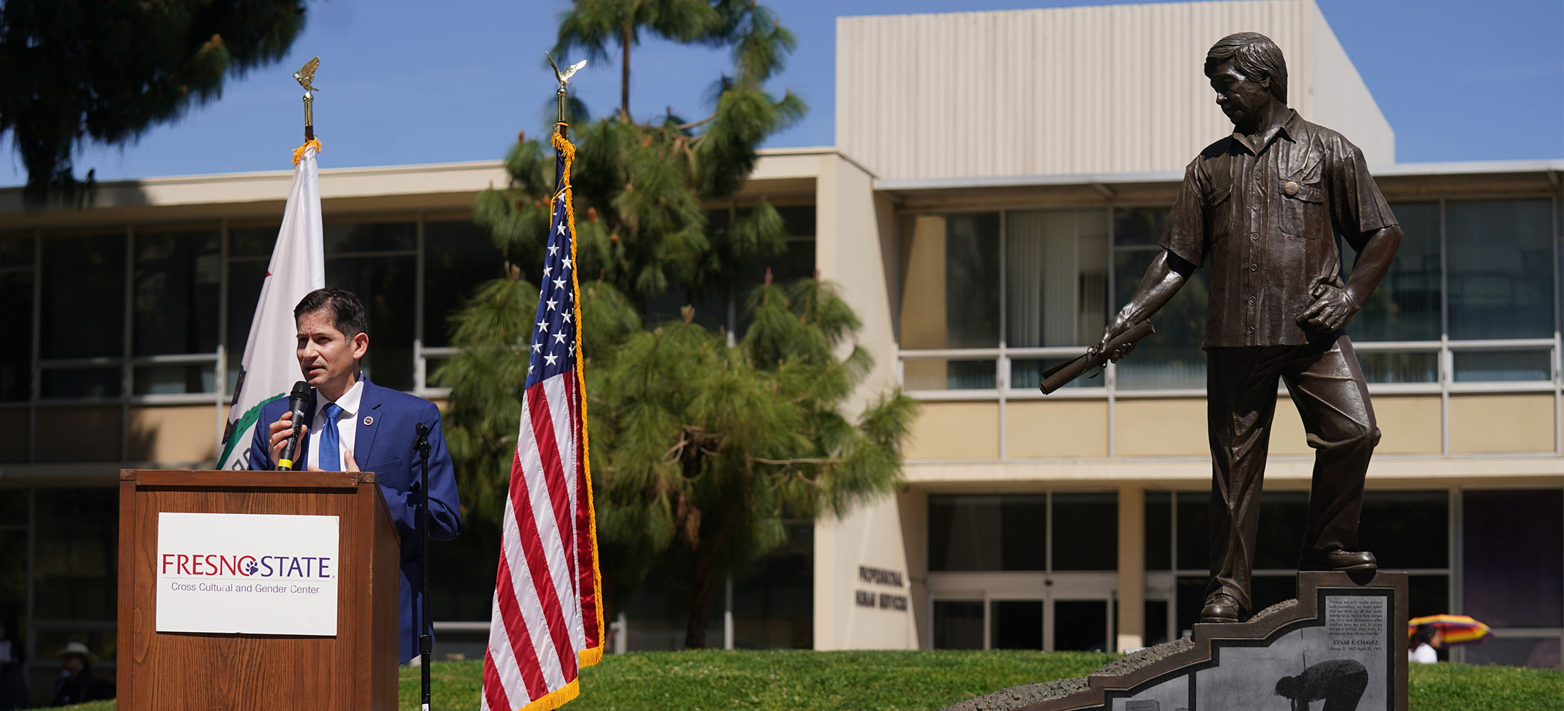 President Saul speaking at Cesar Chavez Statue